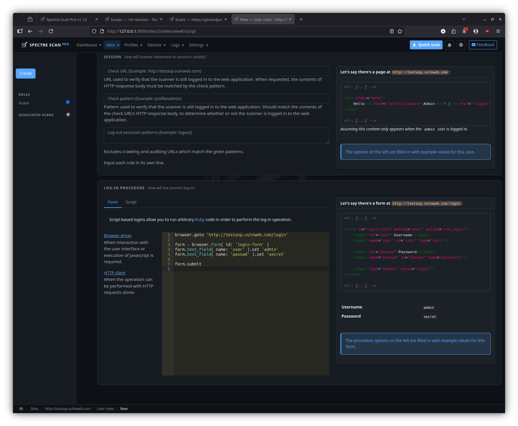 Site user role — login script
